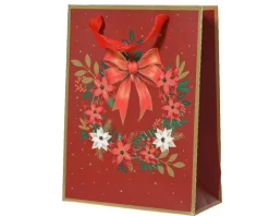 Sac cadeau en papier métallisé rouge décor couronne et nœud grand modèle - 12 x 30 x 42 cm