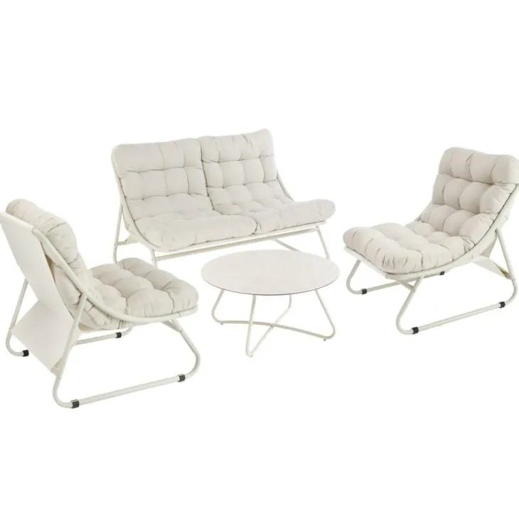 Salon de jardin en acier coloris beige Iris - 4 éléments (canapé, table basse et deux fauteuils)