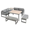 Salon de jardin en aluminium graphite Cinto III - 6 éléments (deux banquettes, deux bancs, table d'angle et table haute carrée)