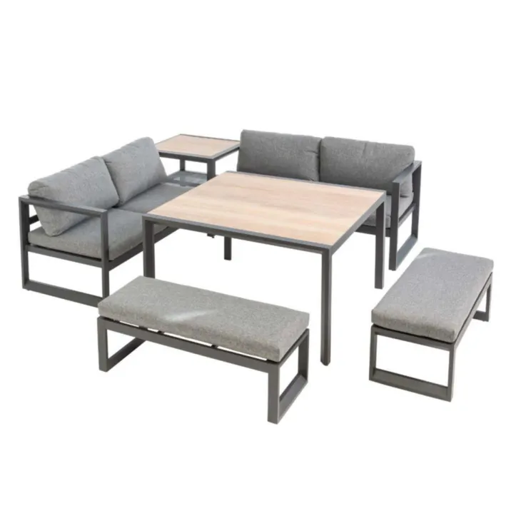 Salon de jardin en aluminium graphite Cinto III - 6 éléments (deux banquettes, deux bancs, table d'angle et table haute carrée)