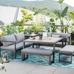 Salon de jardin en aluminium graphite Cinto III - 6 éléments (deux banquettes, deux bancs, table d'angle et table haute carrée)