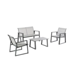 Salon de jardin en aluminium graphite et toile textylène gris perle Alysse - 4 éléments (canapé, table basse et deux fauteuils)