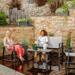 Salon de jardin en aluminium graphite et toile textylène gris perle Alysse - 4 éléments (canapé, table basse et deux fauteuils)
