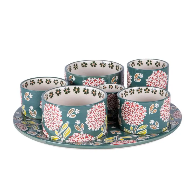 Service apéritif en porcelaine motifs floraux Cottage - 1 Plateau et 6 coupelles