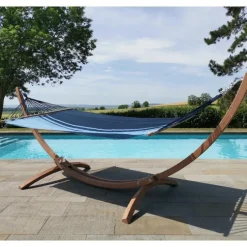 Set support et hamac EsKapade coloris bleu Caraïbes en bois et polypropylène Jobek Hamacs - 350 x 125 x 136,5 cm
