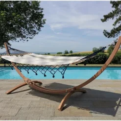 Set support et hamac EsKapade coloris rayé marine à franges bleues en bois et polypropylène Jobek Hamacs - 323 x 125 x 128 cm