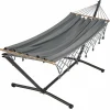 Set support et hamac MetaliK coloris anthracite à franges en métal et polypropylène certifié FSC® Jobek Hamacs - 300 x 140 x 95 cm