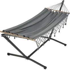 Set support et hamac MetaliK coloris anthracite à franges en métal et polypropylène certifié FSC® Jobek Hamacs - 300 x 140 x 95 cm