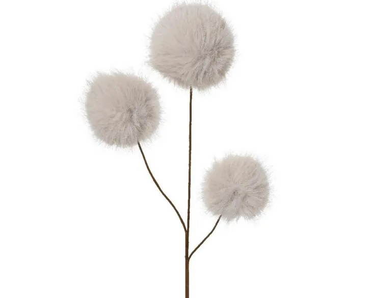 Tige artificielle avec boules duveteuses crème en fausse fourrure - H 70 cm