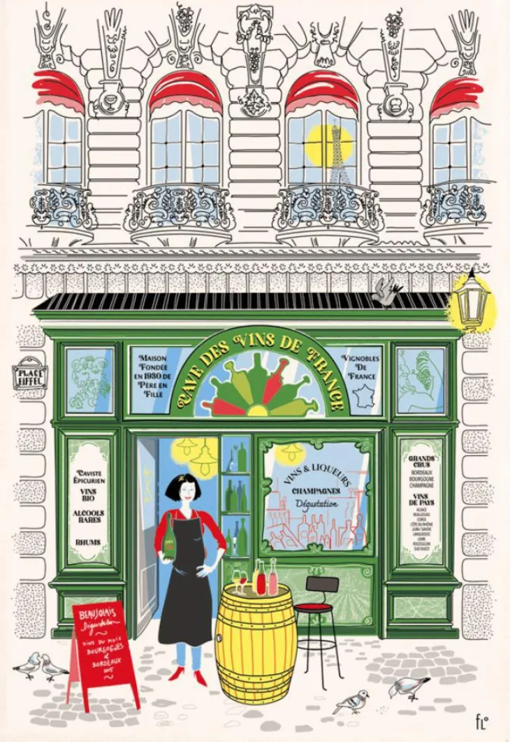 Torchon en coton écru décor façade de caviste Winkler - 48 x 72 cm