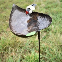 Tuteur métal mangeoire cœur 1 oiseau peint main