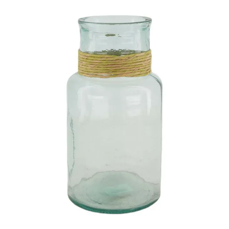 Vase en verre recyclé vert transparent et raphia - Ø 15 x 28 cm