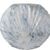 Vase forme coquillage en verre blanc irisé bleu - 23 x 7 x 20 cm
